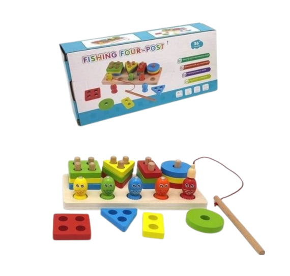 Wooden Fishing Four Post | Geometric Shape Sorter With Magnetic Fishing Game