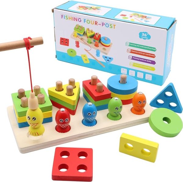 Wooden Fishing Four Post | Geometric Shape Sorter With Magnetic Fishing Game